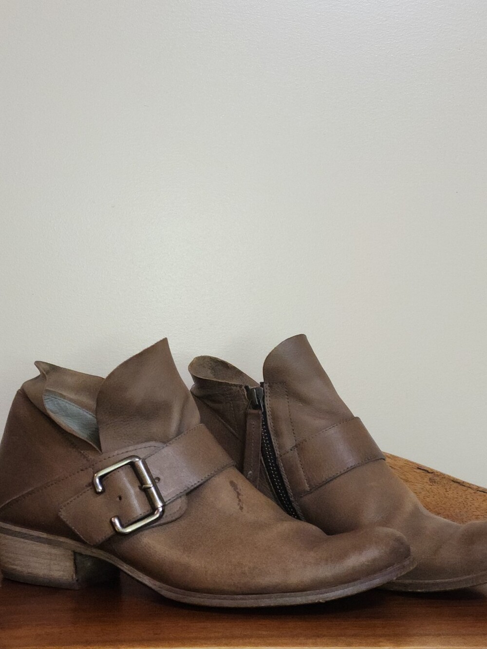 Paul Green Boots AnkleMoto Buckle  Leather Brown/Gray Zip Biker Punk Western